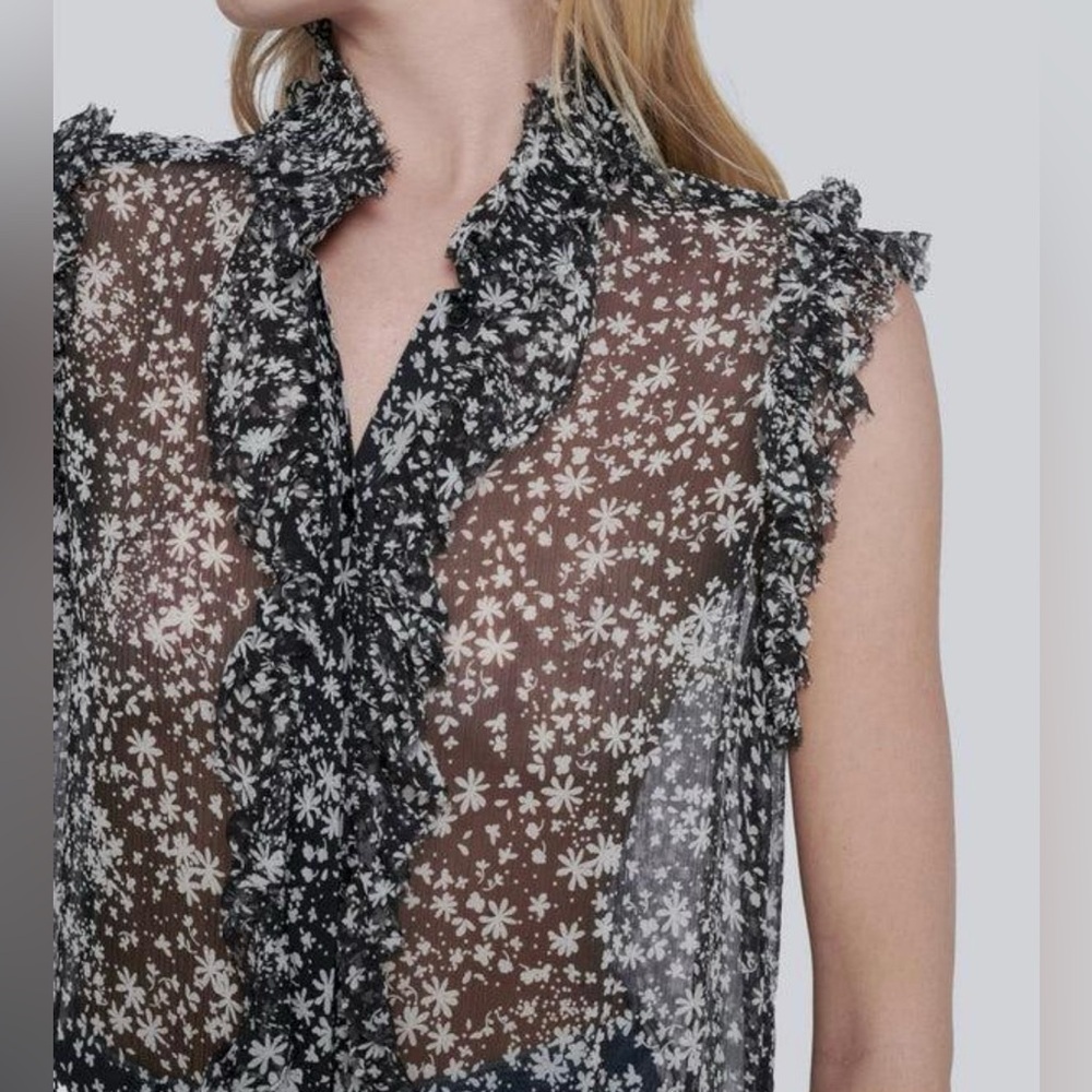 7 for Mankind Silk Sleeveless Floral Ruffle Blouse Black/White XS NWT